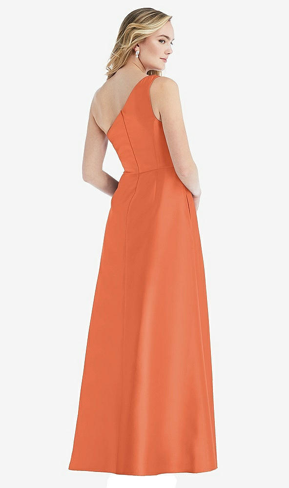 Back View - Portofino Orange Pleated Draped One-Shoulder Satin Maxi Dress with Pockets