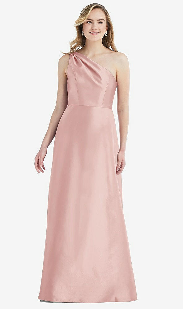Front View - Rose Pleated Draped One-Shoulder Satin Maxi Dress with Pockets