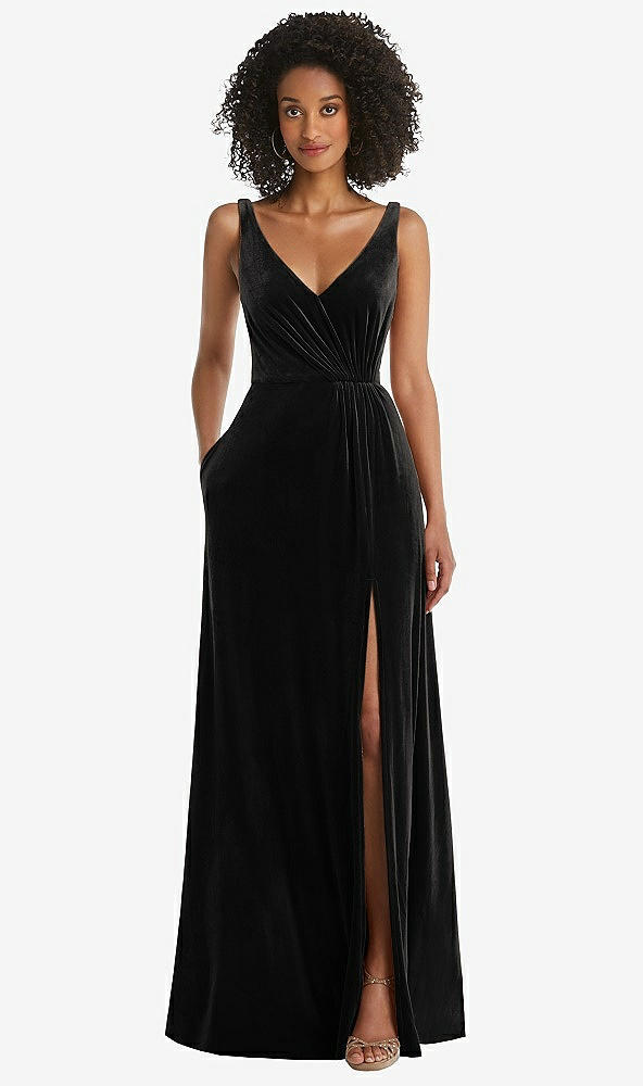 Front View - Black Velvet Maxi Dress with Shirred Bodice and Front Slit