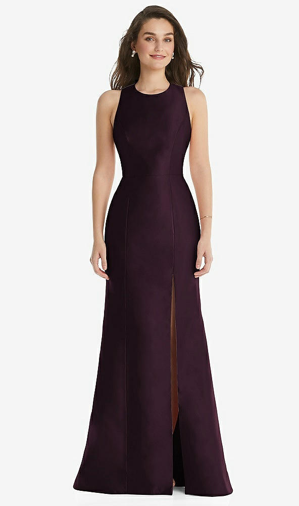 Front View - Deep Plum Jewel Neck Bowed Open-Back Trumpet Dress with Front Slit