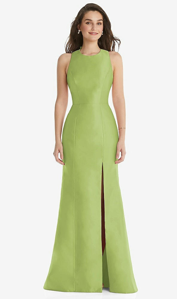 Front View - Mojito Jewel Neck Bowed Open-Back Trumpet Dress with Front Slit