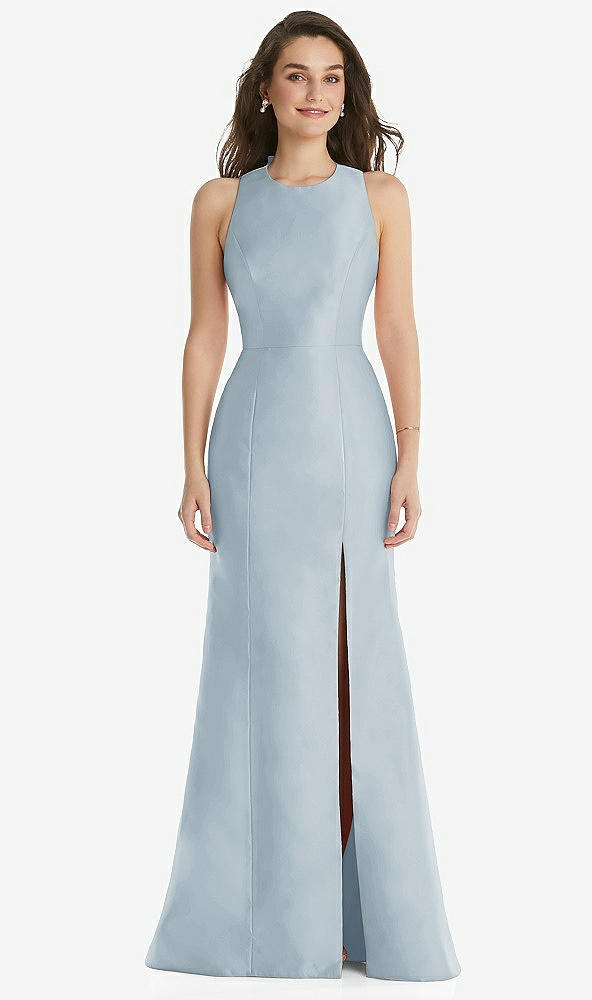 Front View - Mist Jewel Neck Bowed Open-Back Trumpet Dress with Front Slit