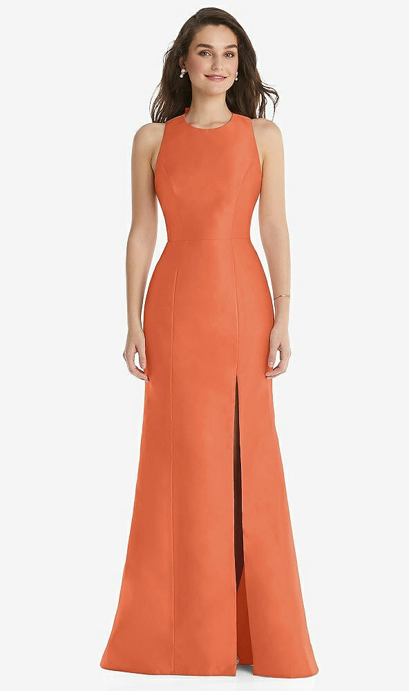Front View - Portofino Orange Jewel Neck Bowed Open-Back Trumpet Dress with Front Slit