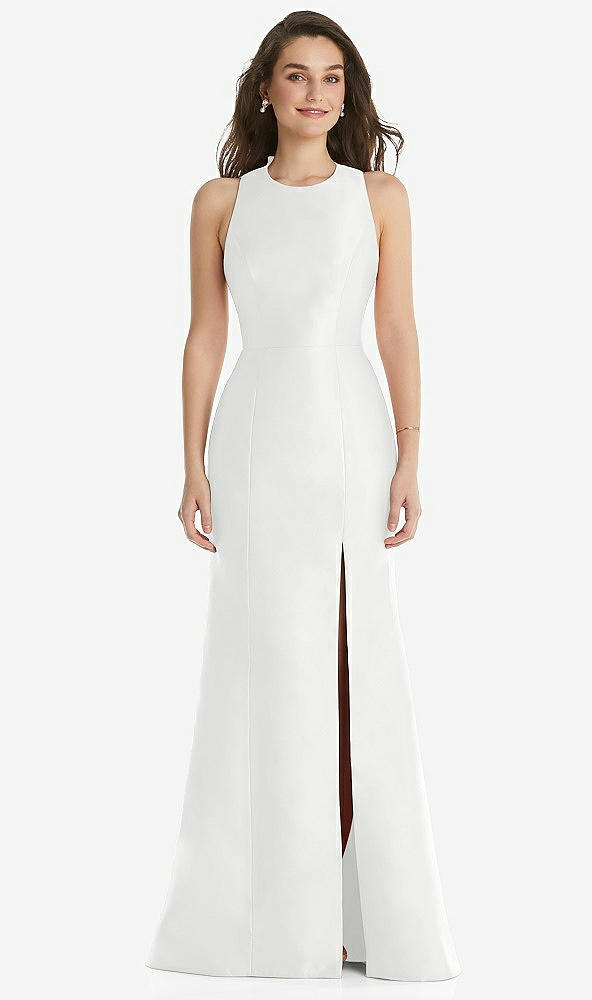 Front View - White Jewel Neck Bowed Open-Back Trumpet Dress with Front Slit