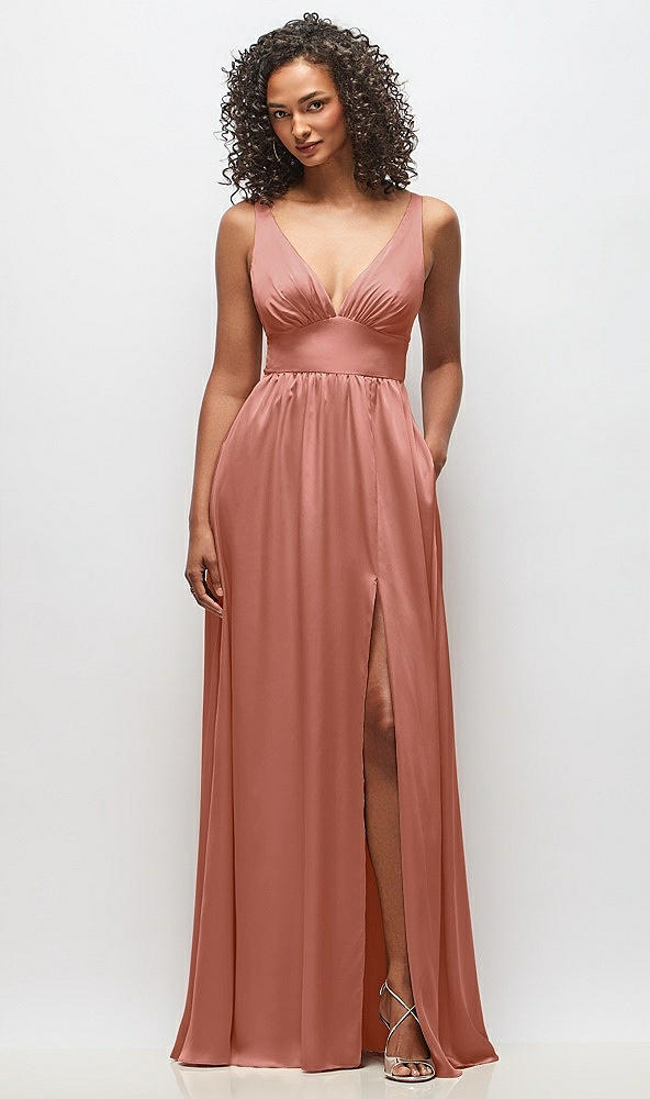 Front View - Desert Rose Deep V-Neck Shirred Skirt Maxi Dress with Convertible Straps
