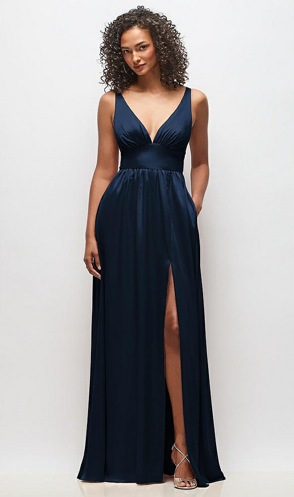 Front View - Midnight Navy Deep V-Neck Shirred Skirt Maxi Dress with Convertible Straps
