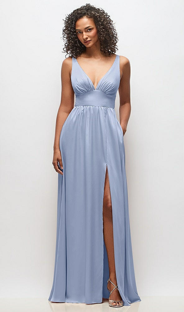 Front View - Sky Blue Deep V-Neck Shirred Skirt Maxi Dress with Convertible Straps