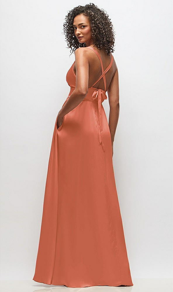 Back View - Terracotta Copper Deep V-Neck Shirred Skirt Maxi Dress with Convertible Straps