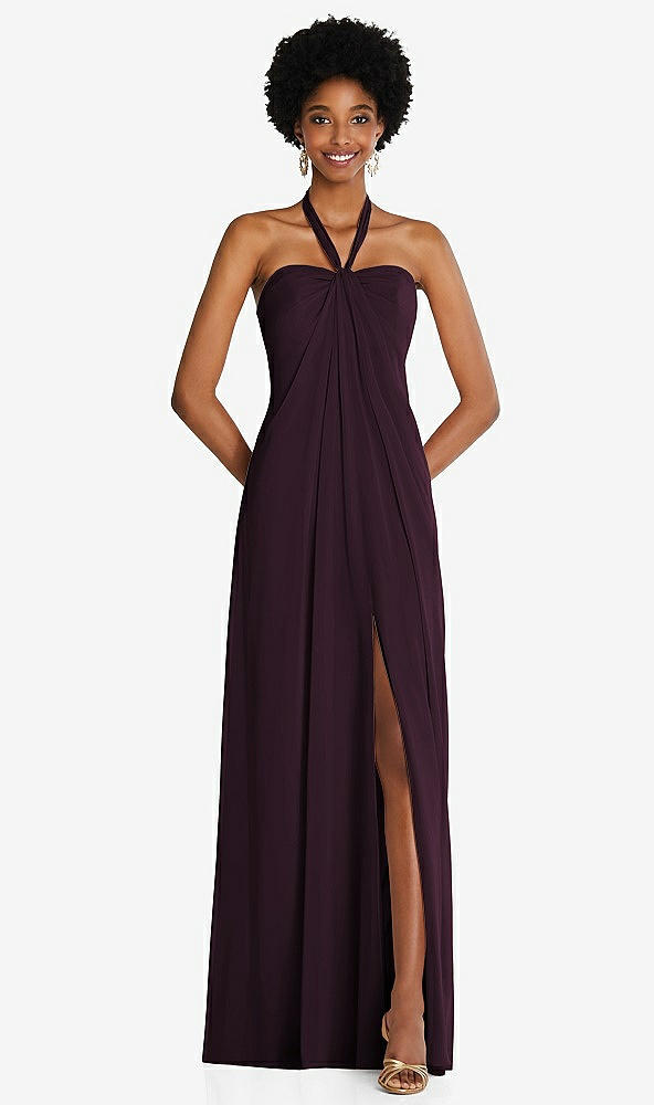 Front View - Deep Plum Draped Chiffon Grecian Column Gown with Convertible Straps