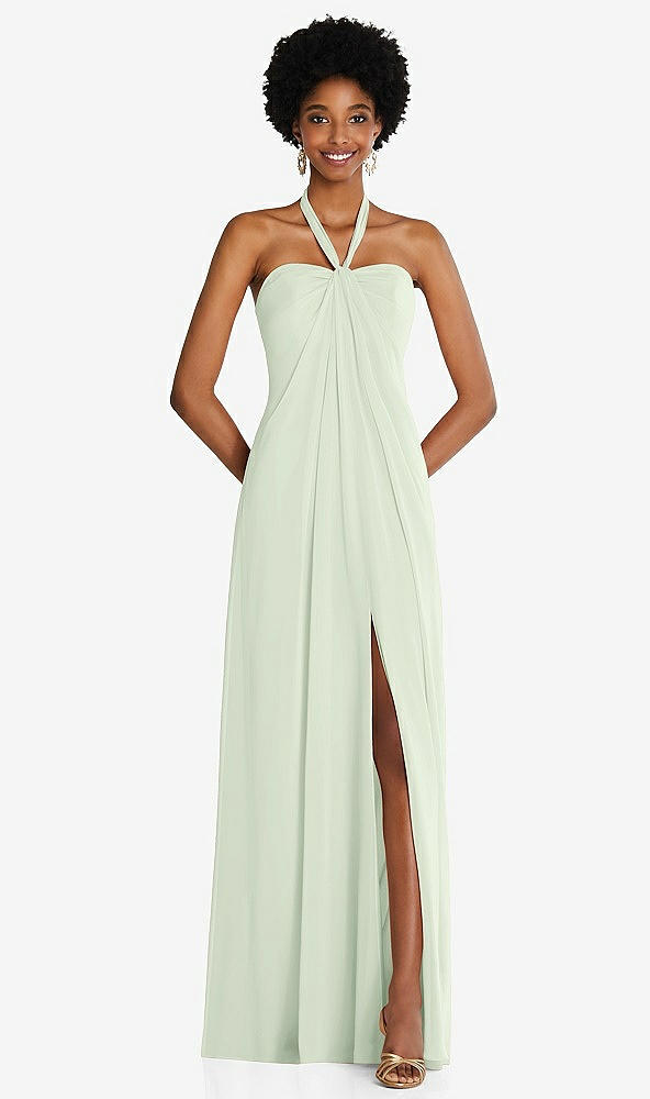 Front View - Mint Green Draped Chiffon Grecian Column Gown with Convertible Straps