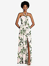 Front View Thumbnail - Palm Beach Print Draped Chiffon Grecian Column Gown with Convertible Straps
