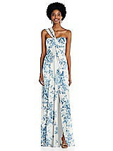 Alt View 1 Thumbnail - Cottage Rose Dusk Blue Draped Chiffon Grecian Column Gown with Convertible Straps