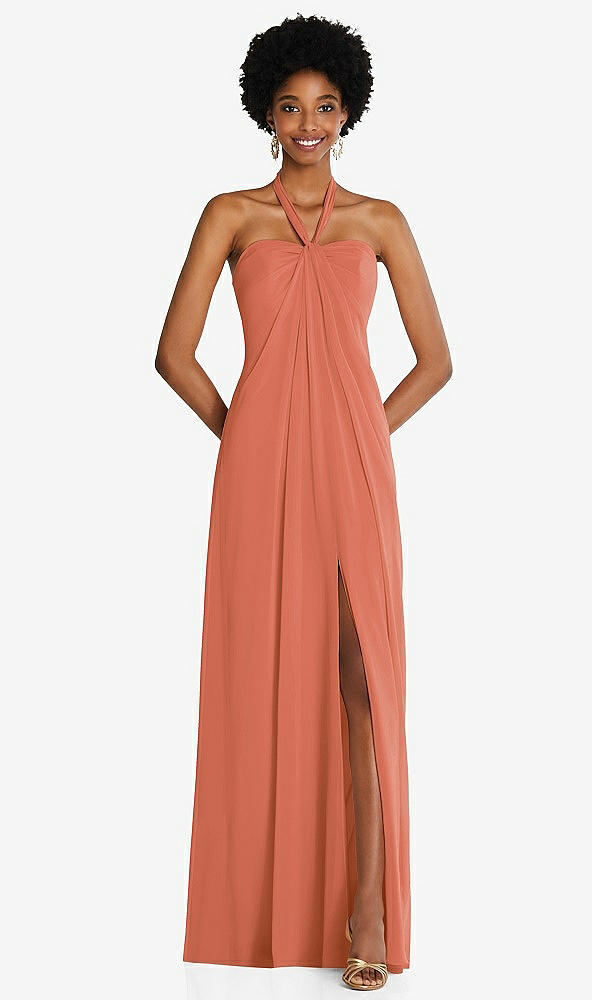 Front View - Terracotta Copper Draped Chiffon Grecian Column Gown with Convertible Straps