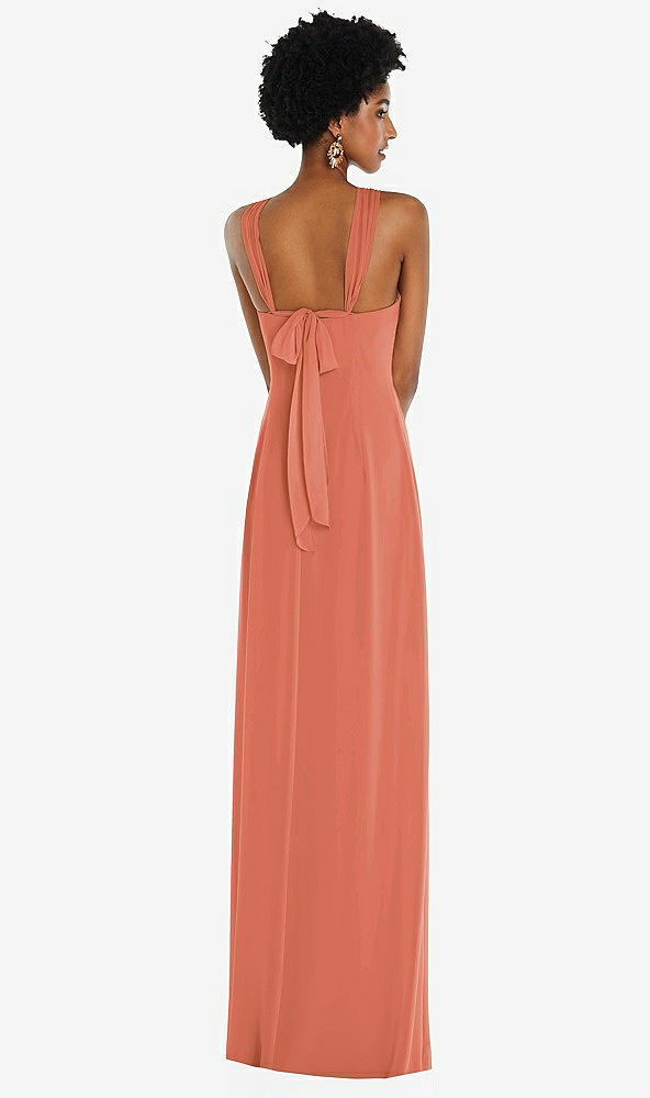 Back View - Terracotta Copper Draped Chiffon Grecian Column Gown with Convertible Straps
