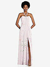Front View Thumbnail - Watercolor Print Draped Chiffon Grecian Column Gown with Convertible Straps