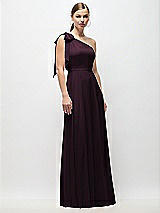 Front View Thumbnail - Deep Plum Draped One-Shoulder Maxi Dress with Scarf Bow