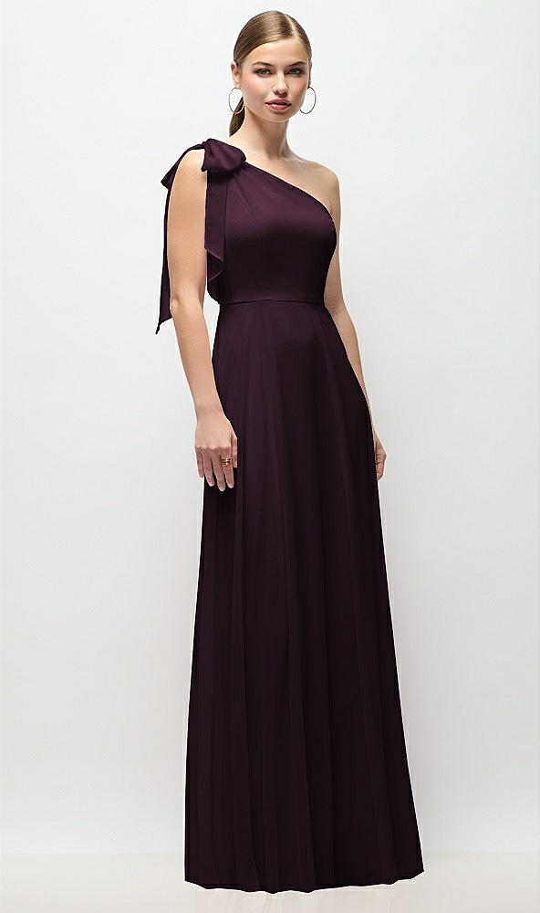Front View - Deep Plum Draped One-Shoulder Maxi Dress with Scarf Bow