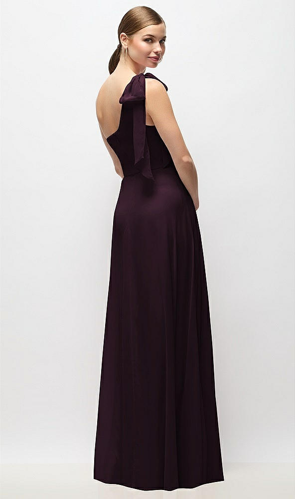 Back View - Deep Plum Draped One-Shoulder Maxi Dress with Scarf Bow