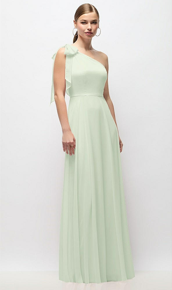 Front View - Mint Green Draped One-Shoulder Maxi Dress with Scarf Bow
