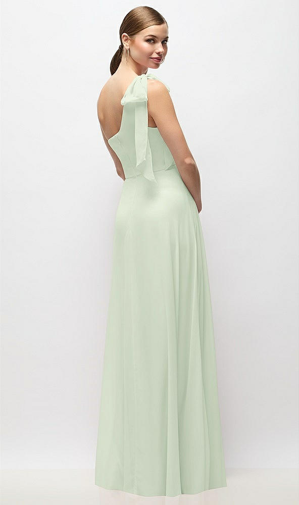 Back View - Mint Green Draped One-Shoulder Maxi Dress with Scarf Bow