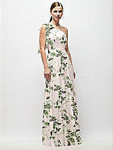 Front View Thumbnail - Palm Beach Print Draped One-Shoulder Maxi Dress with Scarf Bow