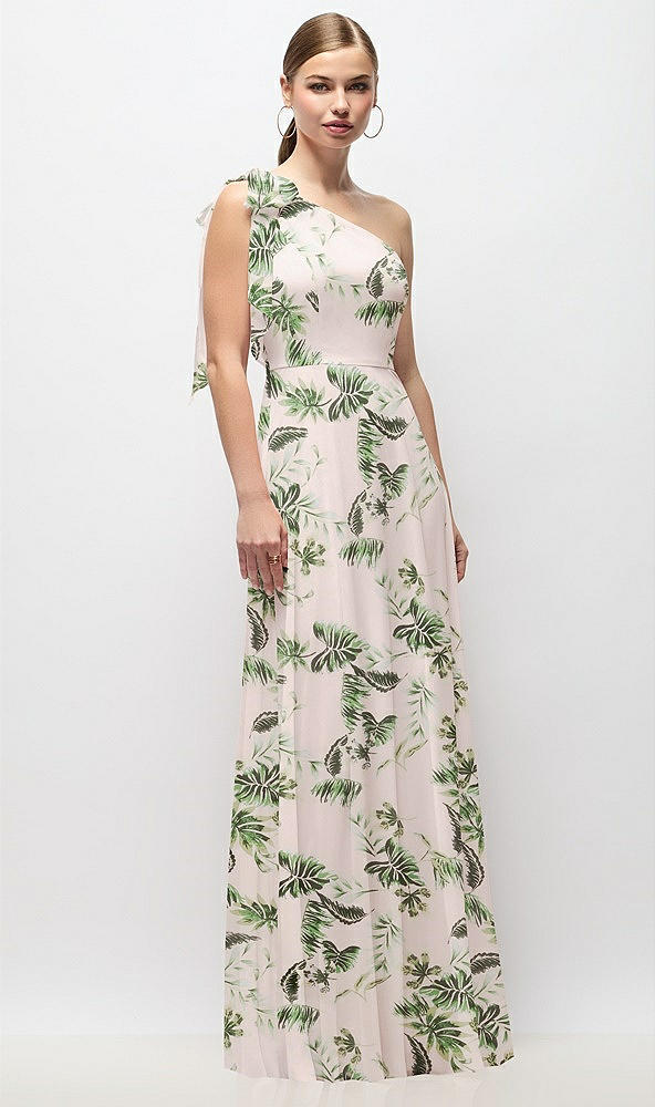 Front View - Palm Beach Print Draped One-Shoulder Maxi Dress with Scarf Bow