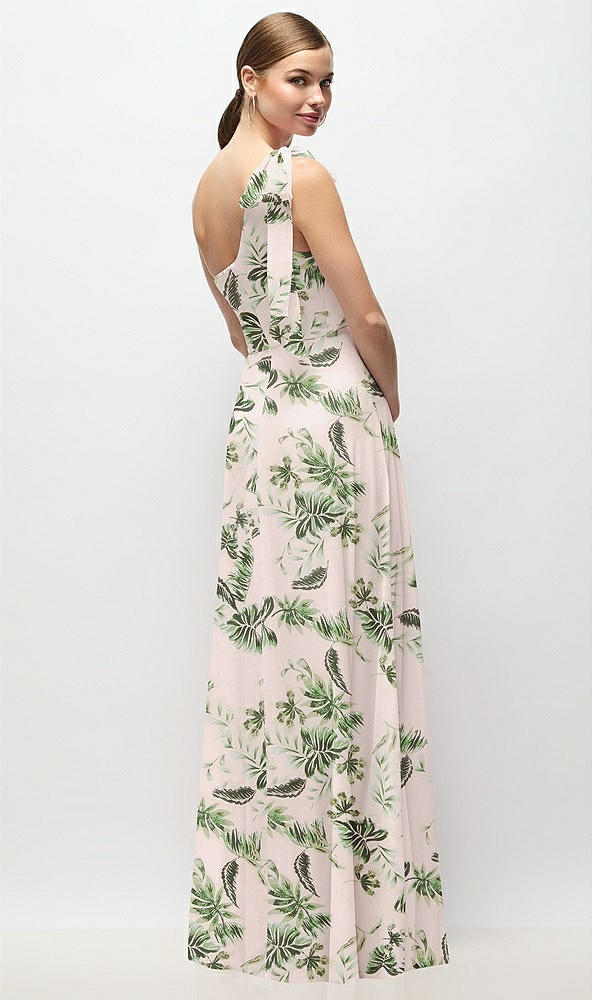 Back View - Palm Beach Print Draped One-Shoulder Maxi Dress with Scarf Bow