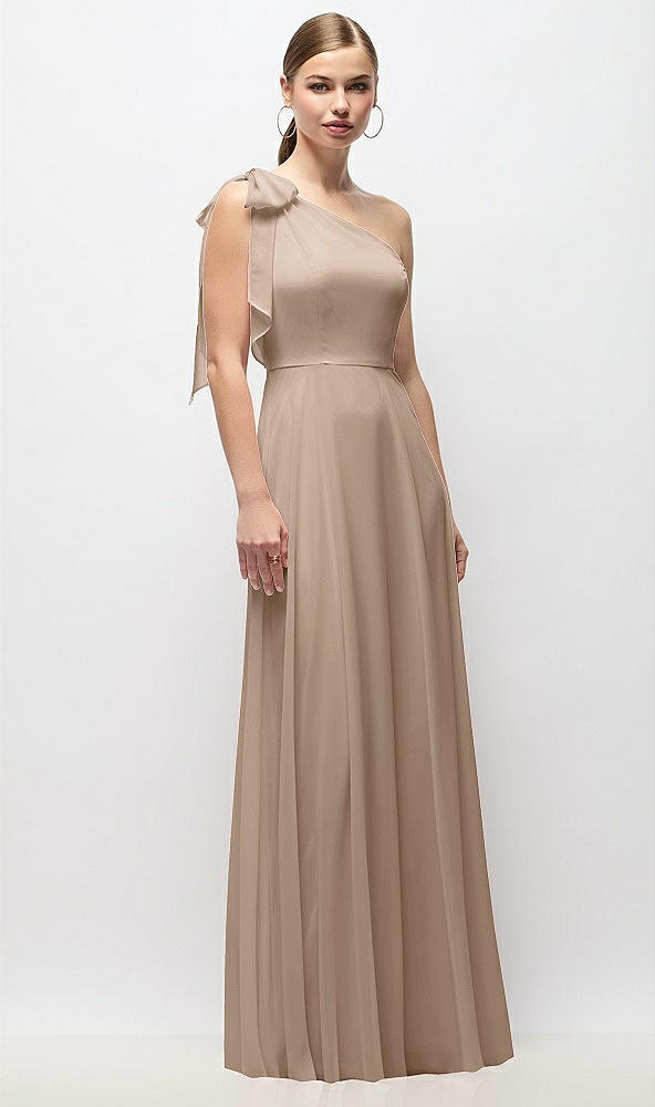 Front View - Topaz Draped One-Shoulder Maxi Dress with Scarf Bow