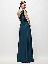 Rear View Thumbnail - Atlantic Blue Draped One-Shoulder Maxi Dress with Scarf Bow