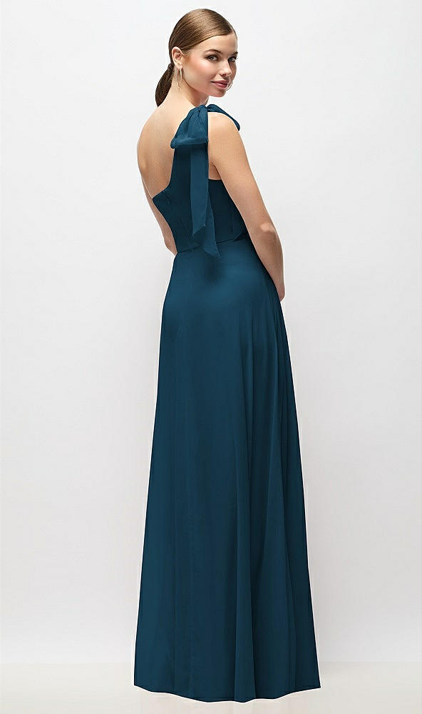 Back View - Atlantic Blue Draped One-Shoulder Maxi Dress with Scarf Bow