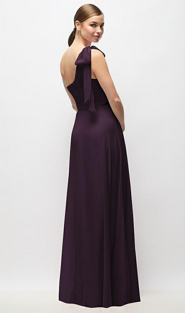 Back View - Aubergine Draped One-Shoulder Maxi Dress with Scarf Bow