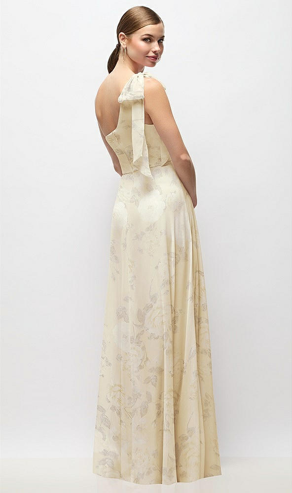 Back View - Butter Yellow Floral Draped One-Shoulder Maxi Dress with Scarf Bow