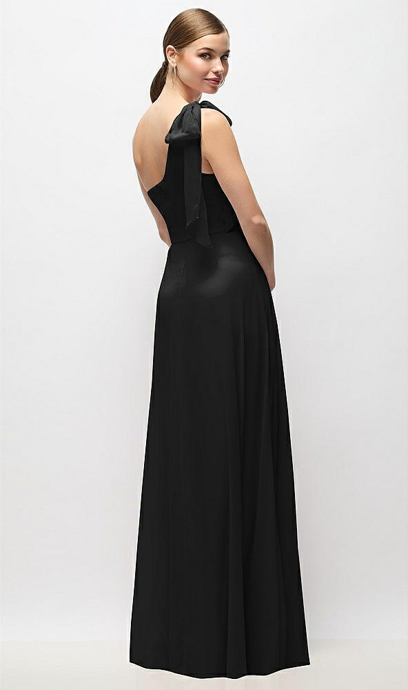 Back View - Black Draped One-Shoulder Maxi Dress with Scarf Bow