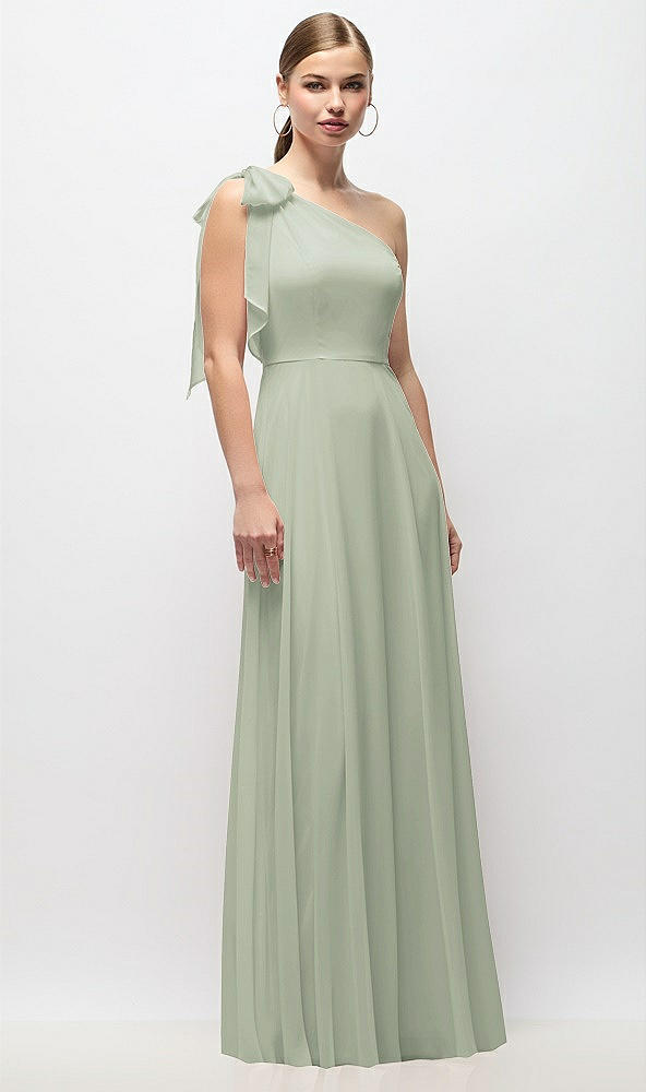 Front View - Celadon Draped One-Shoulder Maxi Dress with Scarf Bow