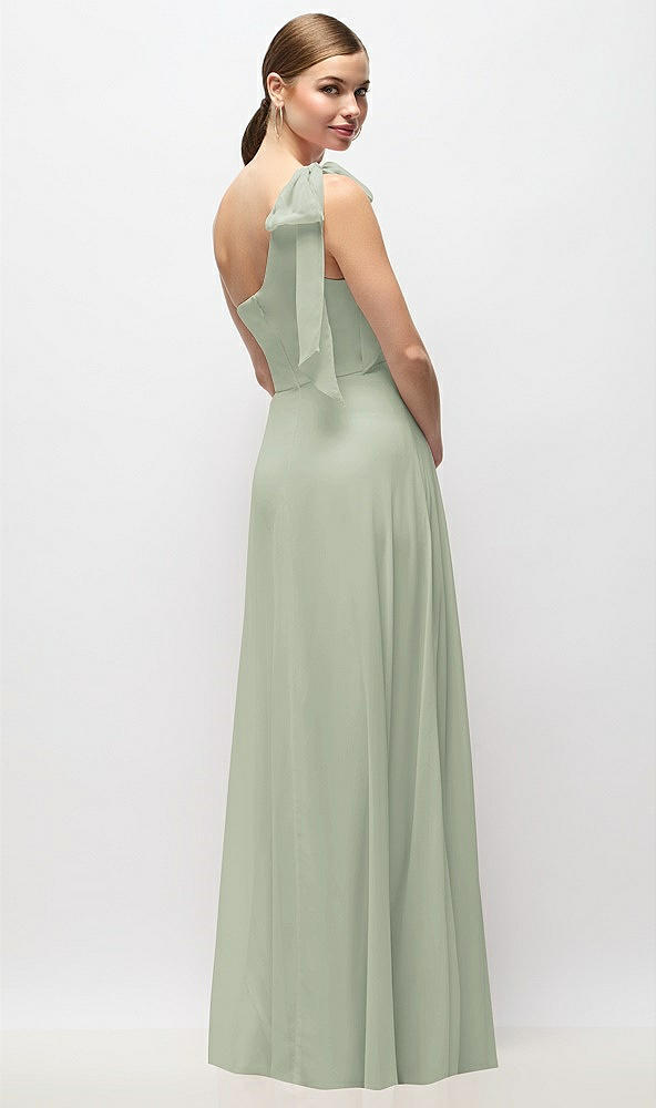 Back View - Celadon Draped One-Shoulder Maxi Dress with Scarf Bow
