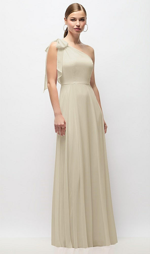 Front View - Champagne Draped One-Shoulder Maxi Dress with Scarf Bow