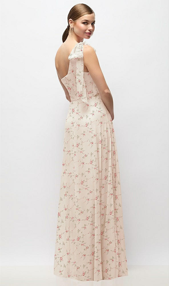 Back View - Coquette Floral Print Draped One-Shoulder Maxi Dress with Scarf Bow