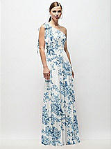 Front View Thumbnail - Cottage Rose Dusk Blue Draped One-Shoulder Maxi Dress with Scarf Bow