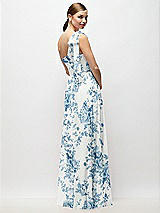 Rear View Thumbnail - Cottage Rose Dusk Blue Draped One-Shoulder Maxi Dress with Scarf Bow
