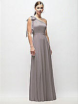 Front View Thumbnail - Cashmere Gray Draped One-Shoulder Maxi Dress with Scarf Bow