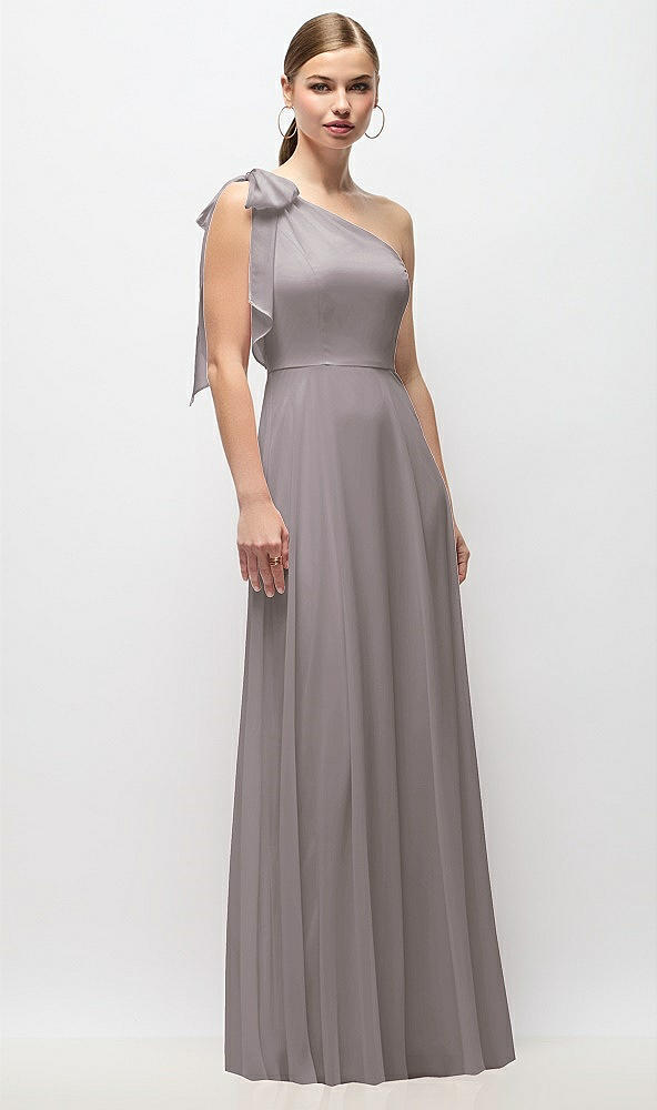 Front View - Cashmere Gray Draped One-Shoulder Maxi Dress with Scarf Bow