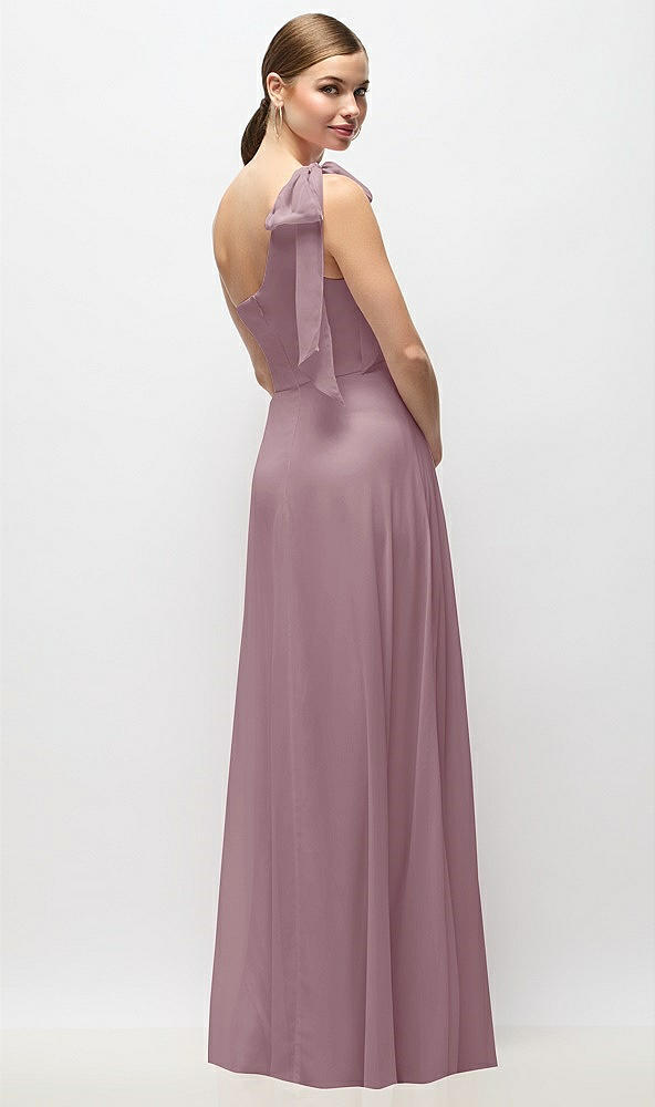 Back View - Dusty Rose Draped One-Shoulder Maxi Dress with Scarf Bow