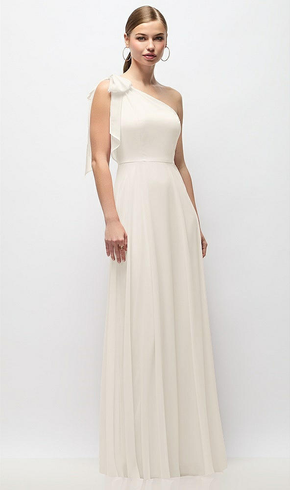 Front View - Ivory Draped One-Shoulder Maxi Dress with Scarf Bow