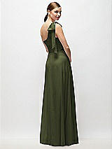 Rear View Thumbnail - Olive Green Draped One-Shoulder Maxi Dress with Scarf Bow