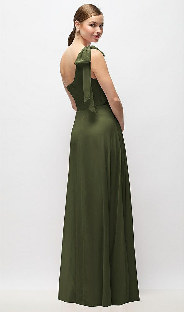 Back View - Olive Green Draped One-Shoulder Maxi Dress with Scarf Bow