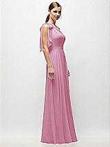 Side View Thumbnail - Powder Pink Draped One-Shoulder Maxi Dress with Scarf Bow