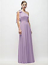 Front View Thumbnail - Pale Purple Draped One-Shoulder Maxi Dress with Scarf Bow