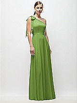 Front View Thumbnail - Peridot Green Draped One-Shoulder Maxi Dress with Scarf Bow