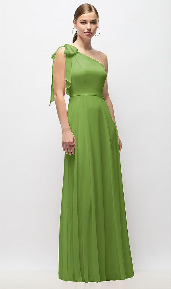 Front View - Peridot Green Draped One-Shoulder Maxi Dress with Scarf Bow