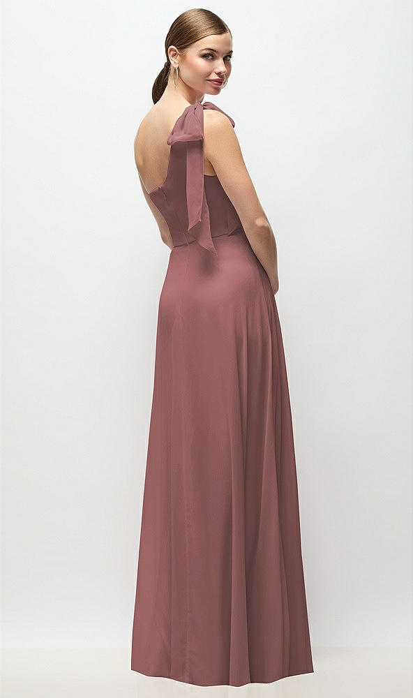 Back View - Rosewood Draped One-Shoulder Maxi Dress with Scarf Bow